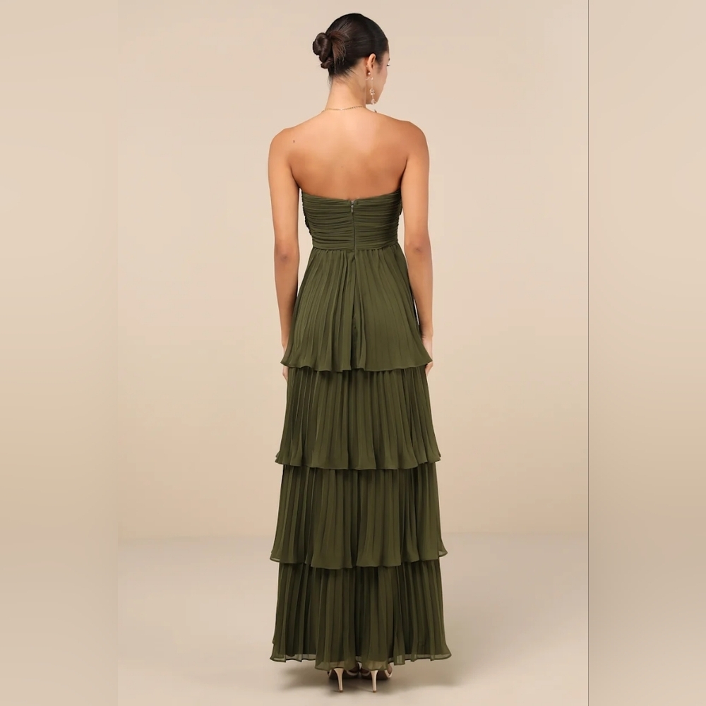 Lulus Seriously Sensational Olive Green Strapless Tiered Maxi Dress Wedding Prom - Picture 5 of 8